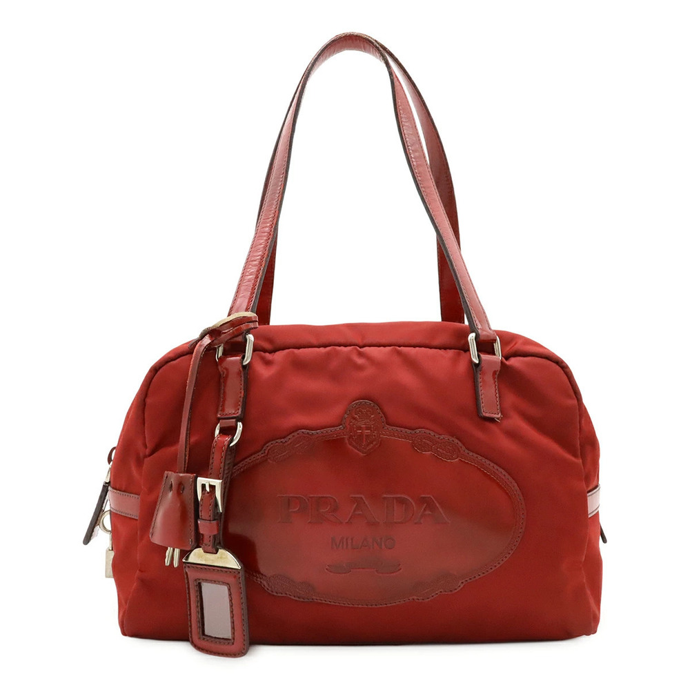 Prada TESSUTO shoulder bag handbag Boston leather red